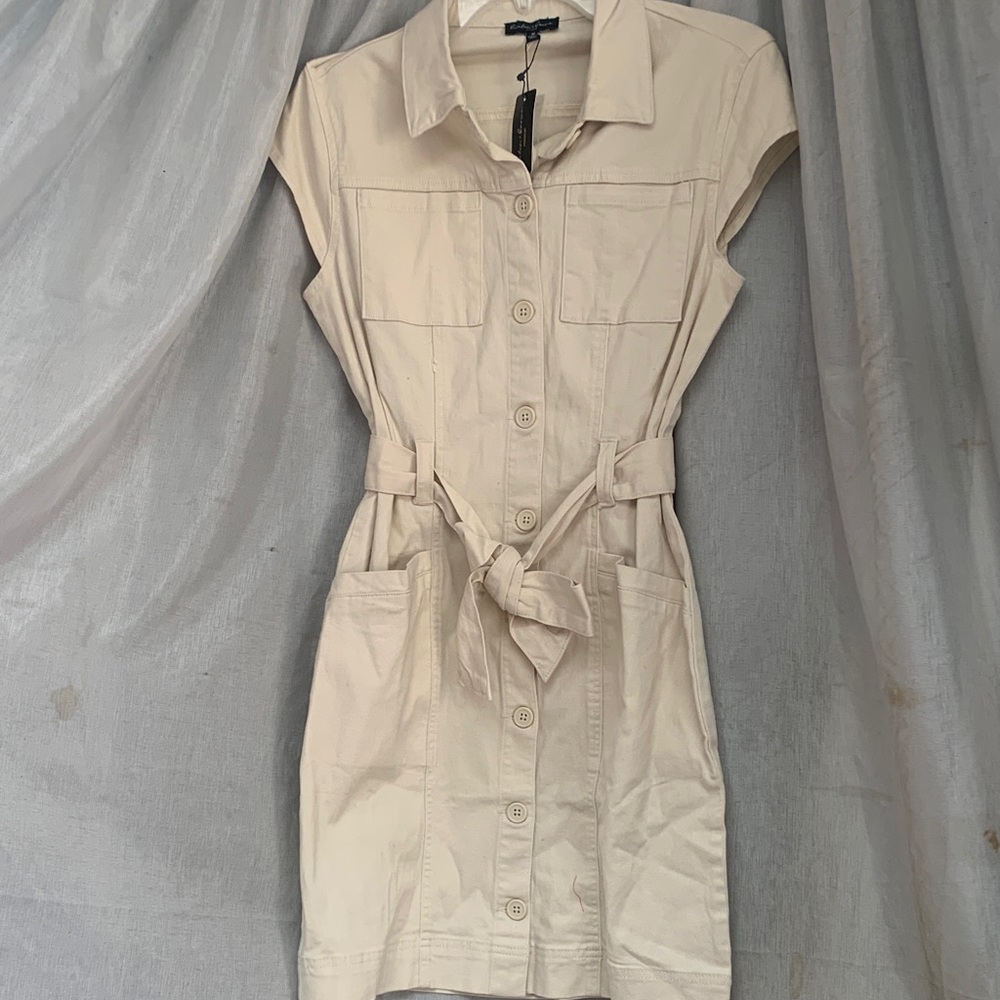Button-Front Utility Mini Dress with Self-Tie Belt - Cream